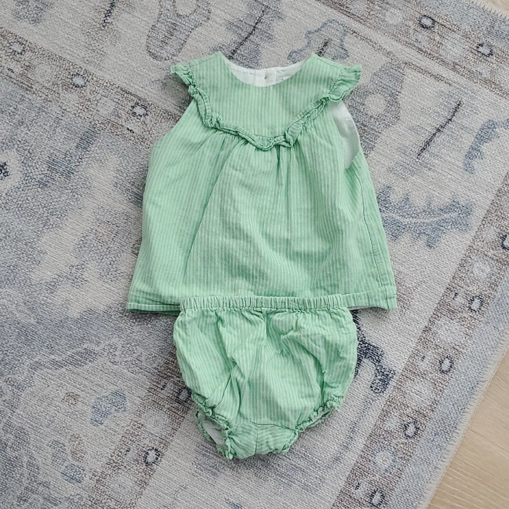 Janie and Jack Baby Girls Green White Pinstriped Lined 2-piece Outfit Sz18-24m